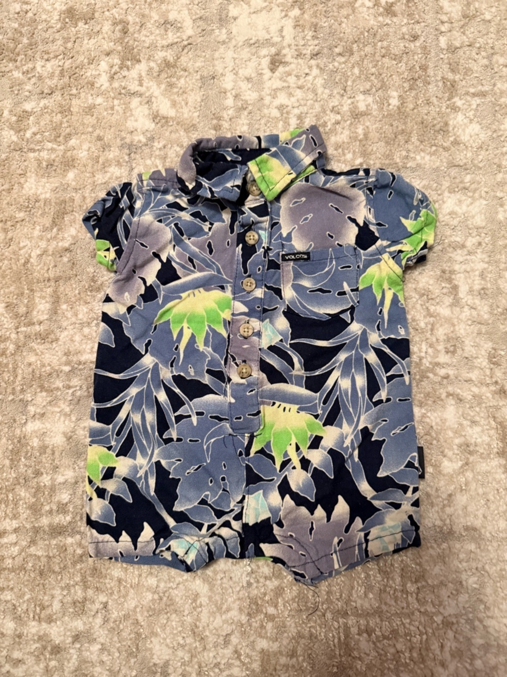 Volcom Short-Sleeve Button Romper - Navy, Light Blue & Lime size 0/3M